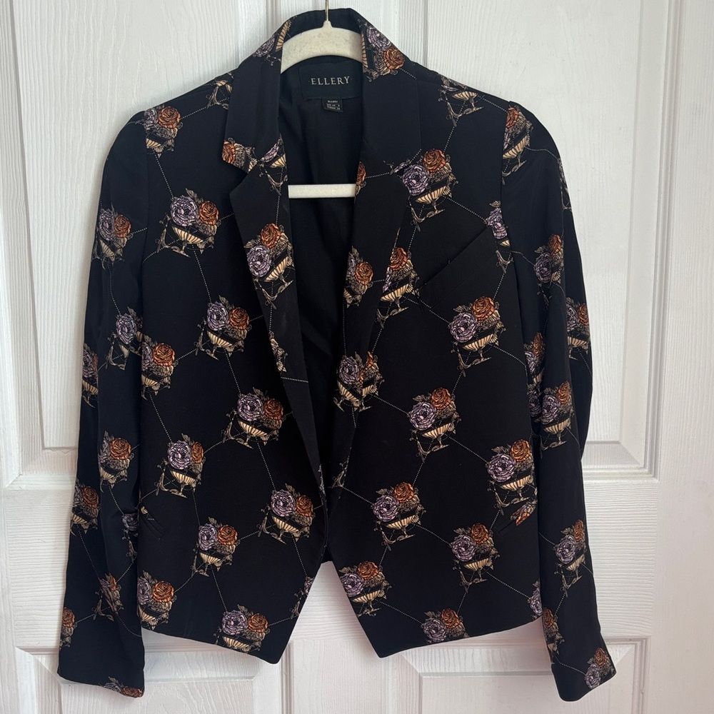ELLERY Black Silk Floral Print Short Blazer Size 2 Novelty luxury work dressy